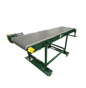 MPI Part-Out Conveyors 2 MPI Part-Out Conveyor, low-profile belt conveyor on a green steel stand with casters