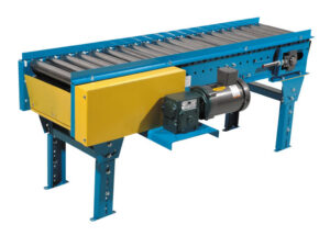 New London Engineering Belt-Driven Live Roller Conveyors 3 New London Engineering Model 600 belt-driven live roller conveyor with bottom-mount drive and yellow drive guard