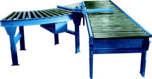 New London Engineering Gravity Roller Conveyors 1 New London Engineering gravity roller conveyor sections on adjustable blue supports