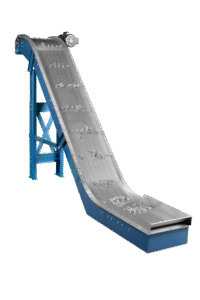 New London Engineering Model 700 magnetic conveyor with stainless steel deck carrying small metal parts up an incline