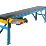 New London Engineering Model 200 slider bed belt conveyor with bottom-mount drive and blue steel frame