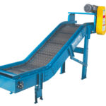 New London Engineering SteelTrak Model 722 hinged steel belt conveyor with incline and top-mount drive