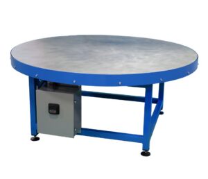 New London Engineering turntable conveyor with steel deck and side-mounted control box