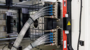 Pascal multi coupler open model connecting air valve gate lines on a 6,000 kN injection molding machine