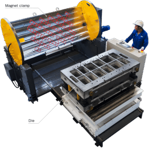 Pascal SMP 180 degree rotator holding an upper die with a magnetic clamp above the lower die, operator at the control panel